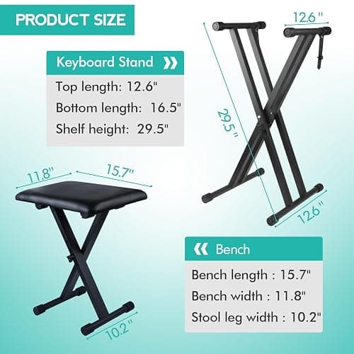 Bazayona Keyboard Stand Piano Bench Set, Double X Adjustable Keyboard Stand Piano Stand with Lockable Straps, (Piano Keyboard Stand x 1, Piano Bench x 1), (7 Adjustable Heights), Black thumbnail 3