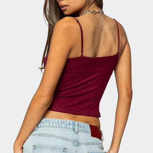 Women Y2K Spaghetti Strap Tank Top Sleeveless Draped V-Neck Neck Hollow Out Front Solid Color Slim Fit Crop Camisole thumbnail 5
