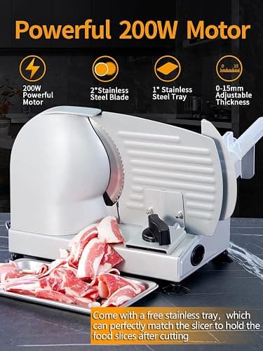 Meat Slicer, 200W Electric Food Slicer with 2 Removable 7.5" Stainless Steel Blades and Stainless Steel Tray, Child Lock Protection, Adjustable Thickness, Food Slicer Machine for Meat Cheese Bread thumbnail 2