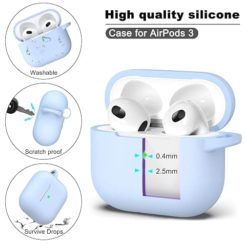 R-fun Compatible with AirPods 3 Case Cover, Silicone Protective Accessories Skin with Keychain Compatible with Apple AirPod 3rd Generation 2021 for Women Men Girls Boys,Front LED Visible,Sky Blue thumbnail 6