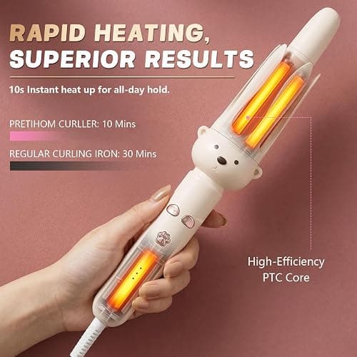 PretiHom Automatic Rotating Curling Iron & Wand, Hair Curler for Long Hair | Heats to 410°F (210°C). Fits below-shoulder to mid-back hair, normal to thick. 1.1in ceramic barrel, dual voltage thumbnail 4