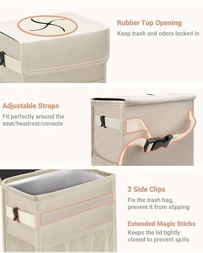 Capolo Car Trash Can with Lid, Leakproof Car Garbage Can Car Trash Bag | Waterproof, Trash Can for Car, 3 Mesh Pockets, Mini Hanging Vehicle Car Trash Bin, for Back/Front Seat (Beige,2.5 Gal) thumbnail 3