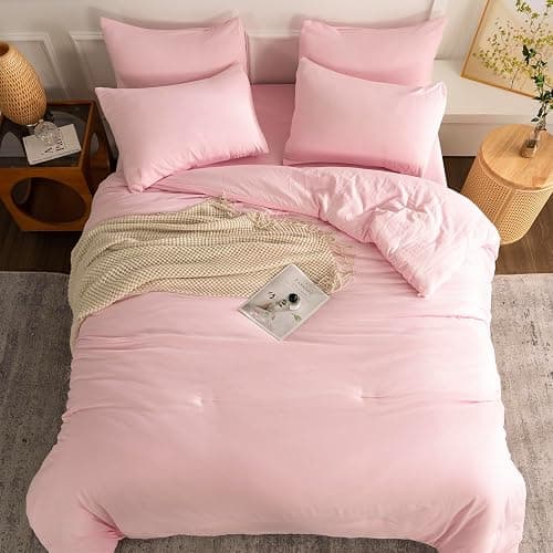 TISPLR Pink Comforter Set Queen 3 Pieces Soft Bedding Bright Comforter Queen Light Pink Style Lightweight Comforter Set for All Seasons 1 Comforter and 2 Pillowcases thumbnail 5