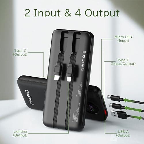 GrnOas.E Power Bank,10000mAh 22.5W Max Portable Charger Built in Cables，4 Outputs 2 Inputs External Phone Powerbank,5V/3A Fast Charging Travel Charger for iPhone Android iPad,(Pearl Black) thumbnail 2