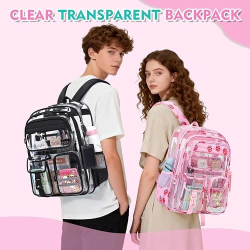QIXIHU Clear Backpack for School,Transparent Backpack Stadium Events,Heavy Duty Clear Bookbag for Girls,Boys,Work,Sport Pink Strawberry thumbnail 8