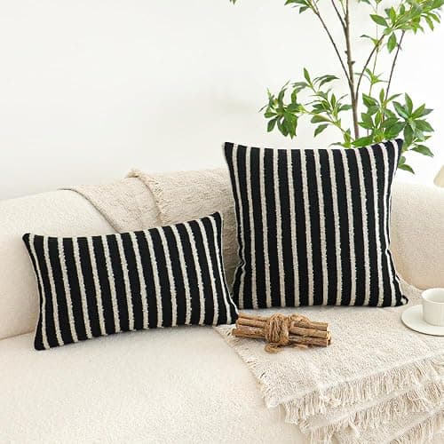 Jonhier Black Striped Lumbar Boho Throw Pillow Cover, Modern Boucle Textured Rectangle Pillowcase for Sofa Couch Bed, Neutral Farmhouse Accent Decorative Cushion Cover for Living Room, 12 x 20 inch thumbnail 4