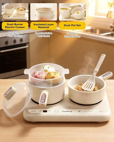 Cooking Sets Real Electric Dual Stove - Montessori Cooking Set with Mini Kitchen Tools, Safe Utensils, Apron & Cookware -Great for Pretend Play Montessori Learning (Beige) thumbnail 4