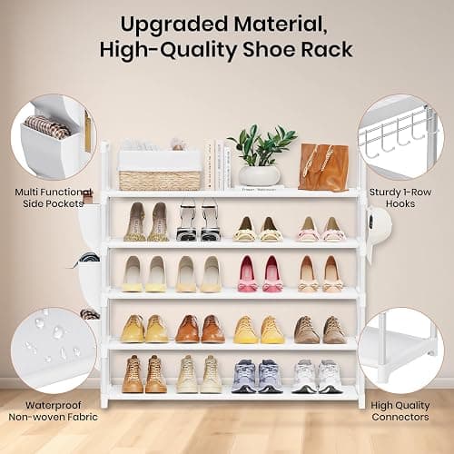 VILICK Shoe Rack for Closet Shoe Organizer Space Saver Storage for 20-25 Pair Shoe Shelf with Hook and Side Pocket Free Standing 5 Tier Shoe Rack Organizer for Entryway,Small Spaces, White thumbnail 4