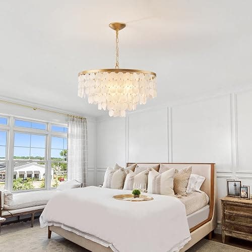 HLMRCHEN 24" Capiz Shell Chandelier, 5 Light Gold Dining Room Light Fixture Modern Coastal Chandeliers for Bedroom Bathroom Kitchen and Foyer(White Seashell Lighting Fixtures) thumbnail 6