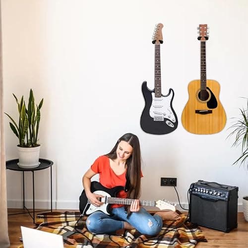 Onmiwod Guitar Wall Mount, Auto Lock Black Walnut Wood Guitar Hanger, Guitar Wall Hangers, Guitar Holder Hook Wall Stand for Classical, Acoustic, Electric Guitar, Bass, Gift for Guitar Player thumbnail 8