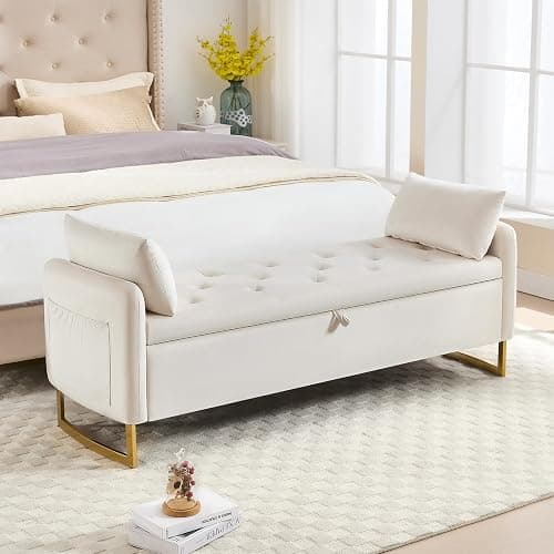 HOMYKA 65" Storage Ottoman Bench, Velvet Storage Bench for Bedroom, End of Bed Storage Bench with Tufted Upholstered and Gold Legs, Bedroom Benches with Arms for Living Room Window and Entryway Beige thumbnail 9