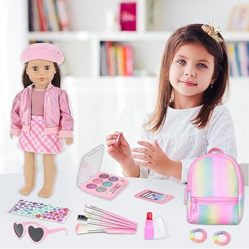 Ecore Fun 17 Pcs American 18 Inch Doll Accessories Cosmetic Set with Backpack & Outfits | Pretend Play Makeup Kit for 18" Dolls | Includes Lipstick, Eyeshadow, Brushes, Accessories & Stylish Clothes thumbnail 7