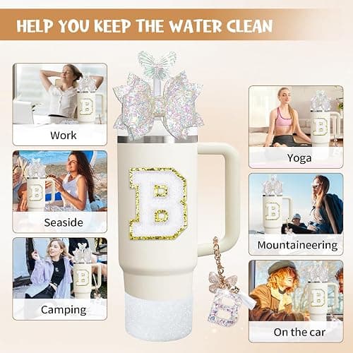 Liangang 7PCS White Cup Accessories Set For Stanley 30oz 40oz,Including Boot,Spill Proof Stopper,Butterfly Straw Cover,Sticker Letter,Letter Charms (white B) thumbnail 6