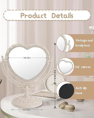XPXKJ 7 Inch Vintage Heart Mirror - Elegant Desk Makeup Mirror with Double Sided 360 Degree Rotation Vanity Mirror for Coquette Room Decor - Beige thumbnail 3