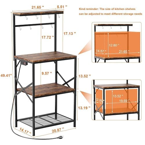 Korfile Kitchen Bakers Rack with Power Outlet, Small Coffee Bar Cart 4 Tiers, Microwave Stand Station with 8 S Hooks, Adjustable Shelf, Freestanding Kitchen Appliance Organizer, Rustic Brown thumbnail 2