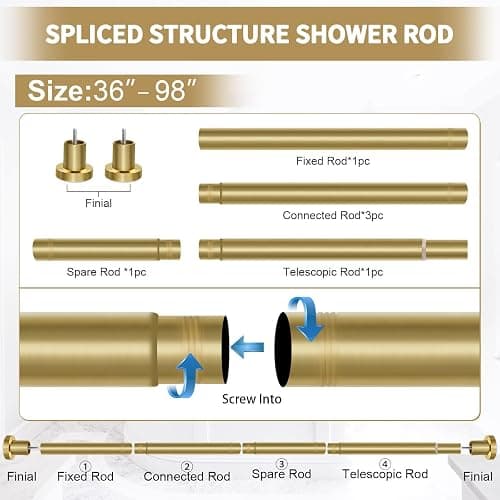 ZYRW Gold Shower Curtain Rod 36-98 Inches (3-8.2ft) Non Rust Adjustable Shower Rod Spring Tension Non Slip No Drilling Stainless Steel Shower Rods for Bathroom Window thumbnail 6