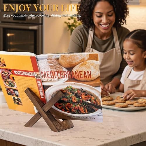 PUERSI Cookbook Stand for Kitchen, Recipe Book Holder for Kitchen Counter, Wooden Cookbook Holder, Rustic Cook Book Holder Stand - Rustic Brown thumbnail 4