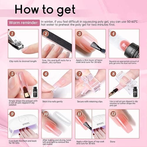 JEWHITENY Poly Extension Gel Nail Kit 14 PCS Poly Gel Kit with Slip Solution and Mini Lamp Nail Art Design Beginner thumbnail 7