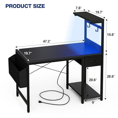 Grandder Gaming Desk 47 Inch with Power Outlet and LED Light, Computer Desk with Reversible Shelves and Storage Drawer, Pc Small Desk for Home Office Table with Bag, Carbon Fiber Black thumbnail 3