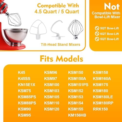 3-Piece Kit Attachments for KitchenAid Tilt-Head Stand Mixer, Accessories Stainless Steel K45WW Wire Whip, K45DH Dough Hook and K45B Coated Flat Blade Paddle with Scraper thumbnail 5