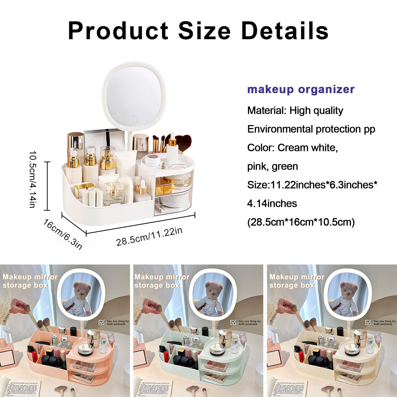 DASITON Makeup Organizer with Rechargeable Mirror,Makeup Brush Holder with 2 Drawers,Skincare and Cosmetics Organizer Countertop,Large Capacity Cosmetic Display Case for Vanity,Bedroom,Bathroom(White) thumbnail 6