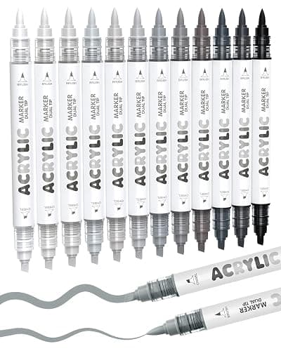 Guangna 12 Grey Dual Tip Acrylic Paint Markers, Brush Tip & Chisel Tip Acrylic Paint Pens for Rock, Wood, Glass, Paper, Coloring Book, Ceramic, Canvas, Water-Based Ink - Image 1