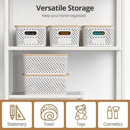 ZFTMRR Plastic Storage Bins with Bamboo Lids, Stackable Small Box Baskets for Organizing and Containers for Shelves Drawers Desktop Closet Pantry Classroom Office Home, 6 Pack 10.2x7.2x4.1 Inch, White thumbnail 6