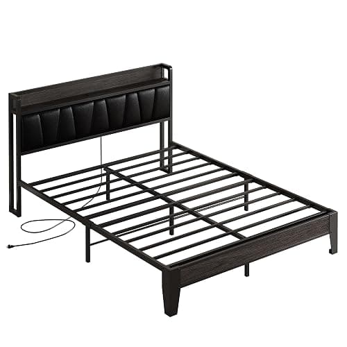 LIKIMIO Queen Bed Frame with Storage Headboard and Charging Station | Black Upholstered Platform Bed Frame, Sturdy Noise-Free Metal Support, No Box Spring Needed, Easy Assembly thumbnail 9