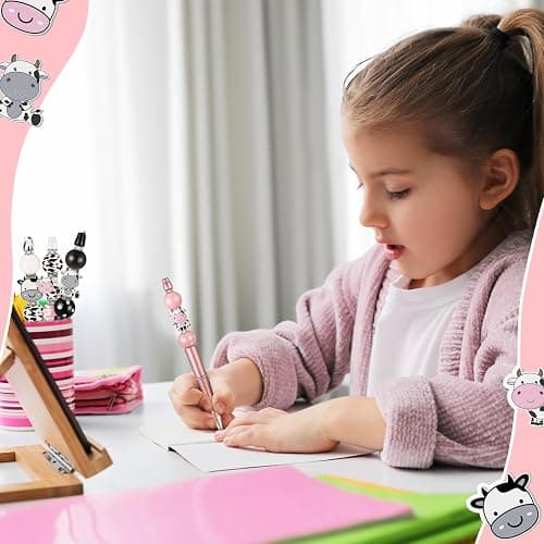 Colarr 24 Sets Plastic Beadable Pens DIY Pens Making Kit Assorted Wood Beads Crystal Spacer Black Ink Ballpoint for Women Crafts Office Family Gifts(Cow) thumbnail 4