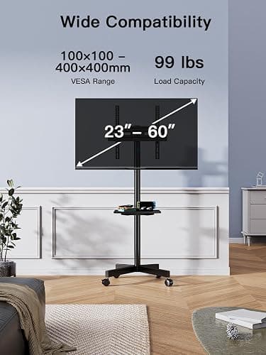PERLESMITH Rolling TV Stand on Wheels for 23-60 Inch Flat Curved Screen TVs, Mobile TV Cart Holds up to 99 lbs -Portable TV Stand Adjustable Height with Shelf/Tray, Max VESA 400x400mm, PSTVMC04 thumbnail 2
