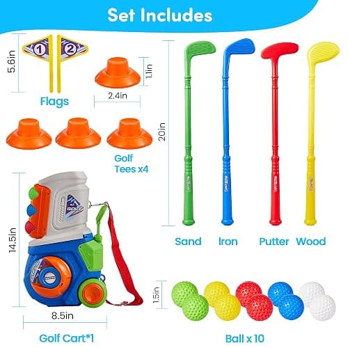 PJG Toddler Golf Set, Plastic Kids Golf Clubs 3-5 with 4 Golf Clubs and 10 Balls, Indoor and Outdoor Golf Toys with Cart for Toddlers Boys and Girls Aged 1 2 3 4 5 Years Old Birthday thumbnail 2