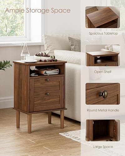 Apetaccat Nightstand, Boho Night Stand with 1 Drawer, Modern Side Accent Table with Open Shelf, Wooden Top Bedside End Table for Bedroom, Living Room, Walnut thumbnail 6