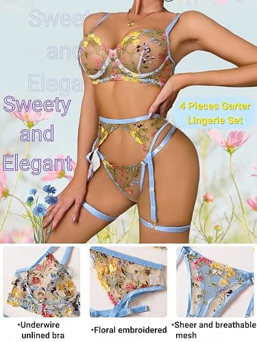Kaei&Shi Vibrant Floral Embroidery, Underwire, Thong, Thigh Straps, Lingerie Set - 0-2 - Blue thumbnail 2
