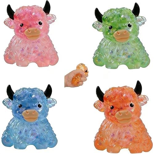 Lullipel 4PCS Glitter Highland Cow Fidget Squishies - Ultra-Soft Slow Rising Stress Relief Toys, Cute Desk Decor for Cow Lovers Adults | Easter Basket Stuffers Party Favors - Image 1