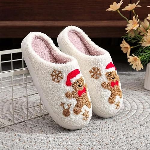 Gingerbread Man Christmas Slippers for Women Men, Cute Fuzzy House Slippers, Cozy Warm Plush Indoor Slippers, Non-slip Soft Winter Holiday Slippers, White Fluffy Xmas Slippers, Christmas Gift Slippers for Adults thumbnail 3
