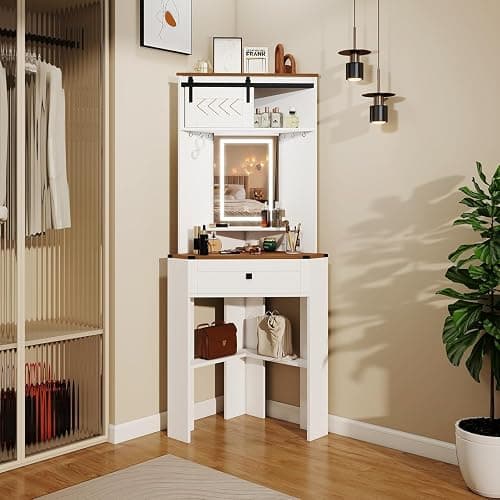 ARTETHYS Small Vanity Desk Set with Lights and Mirror Makeup Vanities with Drawers for Corner Space White Farmhouse Make up Dressing Table with Storage Stool for Bedroom thumbnail 4