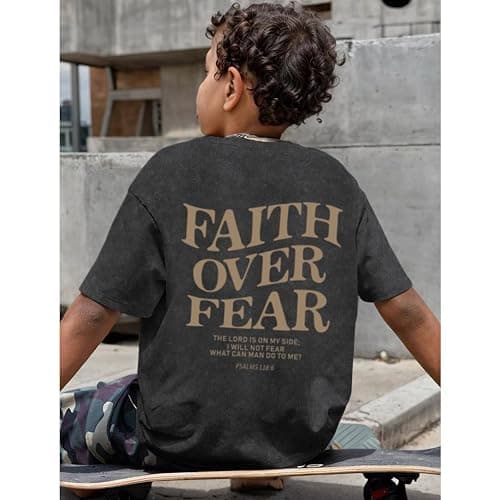 KEEVICI Boys Faith Over Fear Shirt Christian Jesus T Shirts for Kids Bible Verse Religious Graphic Tees Acid Wash Tshirt thumbnail 4