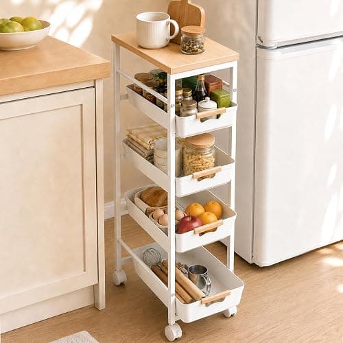 Pipishell Slim Storage Cart with Drawers & Lockable Wheels, 5 Tier Kitchen Cart with Safety Stops & Vented Design, Wood Top, Narrow Rolling cart for Kitchen, Bathroom, Laundry Room, White thumbnail 2
