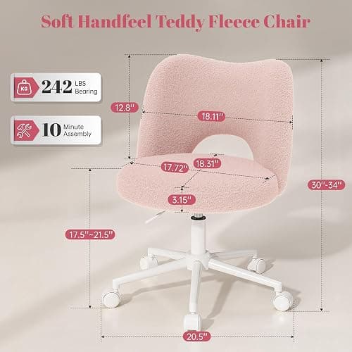 DurayLoly Vanity Chair with Wheels Pink,Cute Vanity Chair with Back,Ultra-Plush Fleece Cute Desk Chair, Small Office Chair Height Adjustable,for Make-up Room,Bedroom thumbnail 2