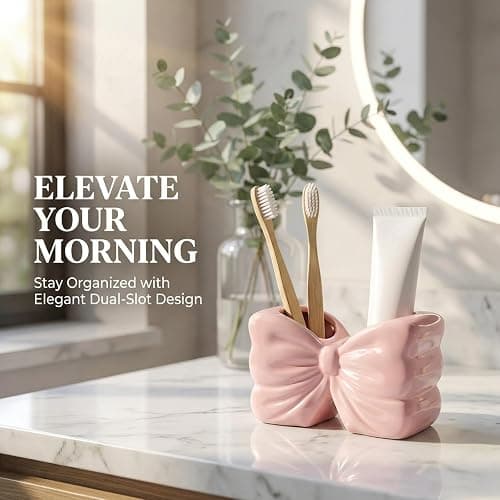 Bow Toothbrush Holder, 2-Slot Cute Bowtie Shaped Ceramic Bathroom Counter Organizer for Electric Toothbrushes, Toothpaste, Floss and Razors, Bathroom Decor Accessories, Pink thumbnail 4