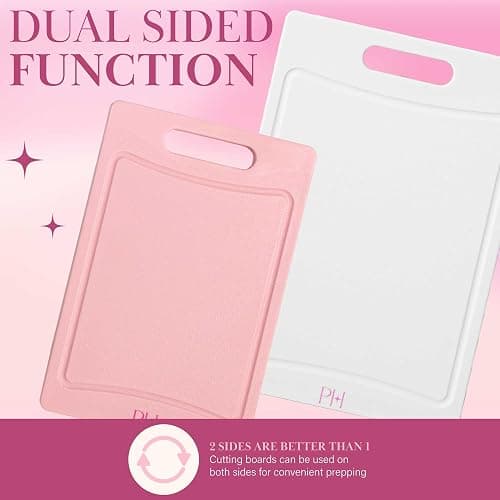 Paris Hilton Cutting Boards, Dual-Sided Cutting Board Set with Built-in Juice Grooves, Easy-Grip Handles, Heavy-Duty Plastic Made without BPA, Dishwasher Safe, 3-Piece Set, Pink and Cream thumbnail 5