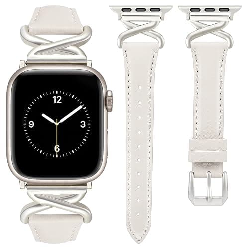 JR.DM Leather Bands Women Compatible with Apple Watch 40mm 38mm 44mm 45mm 41mm 42mm 46mm 49mm Dressy Designer Strap with X-Shaped Metal Crown for iWatch Series Ultra/SE/11/10/9/8/7/6/5/4/3/2/1 Starlight - Image 1