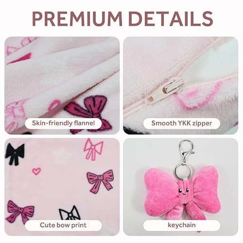 VigorSpring 3-in-1 Kids Travel Blanket and Pillow Set, 40x60 Inch Pink Bow Blanket for Girls,Compact Set with Bow Keychain, Ideal Birthday Travel Essential thumbnail 4