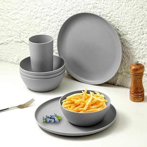 YARRGGU 24-Piece Dinnerware Set, Service for 8, Unbreakable Plates and Bowls Set, BPA-Free, Dishwasher Safe, Gray Tableware for Kitchen, Party and Picnic thumbnail 2