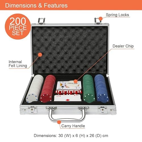 Global Gizmos 50520 200 Piece Poker Set / 4g Chips/Contains Chips, Dice & Cards/Portable Casino Style Carry Case/Texas Hold’Em, Blackjack and More thumbnail 2