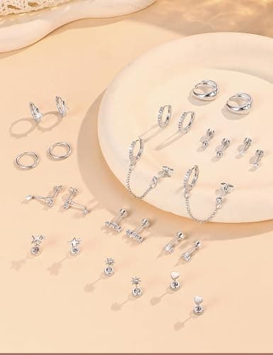 Florideco Flat Back Earrings Hypoallergenic Surgical Steel Earrings for Women Trendy Cartilage Chain Hoop Earring Studs 14K Gold Plated Star Heart CZ Flatback Stud Earring Sets for Multiple Piercing thumbnail 7