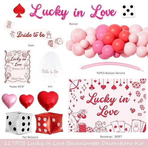 Hombae Lucky In Love Bachelorette Decorations, 117 PCs - Vegas Bachelorette Party Supplies with Cherry and Poker Backdrop, Balloon Garland, Bride to Be Veil, Sash, Dice Foil Balloons thumbnail 4