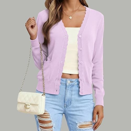 AGSEEM Womens Long Sleeve V Neck Button Up Lightweight Cardigan with Pockets Knit Open Front Sweaters thumbnail 5