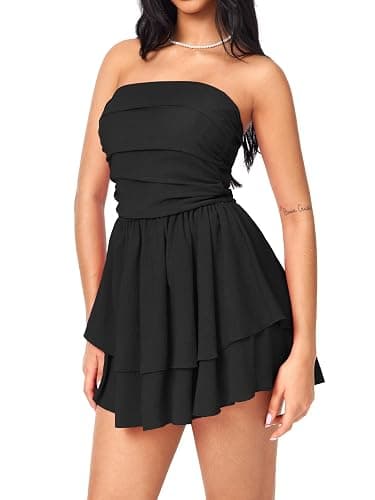 CIDER Women's Summer Cocktail Dress - Tube Ruched Ruffle Mini Dress thumbnail 3