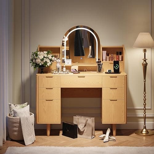 Oxirth Wood Vanity Desk with Mirror and Lights, Fluted Makeup Vanity Table with 7 Drawers and Storage, Oak Vanity, Boho Vanity, Make Up Dressing Table for Bedroom thumbnail 6
